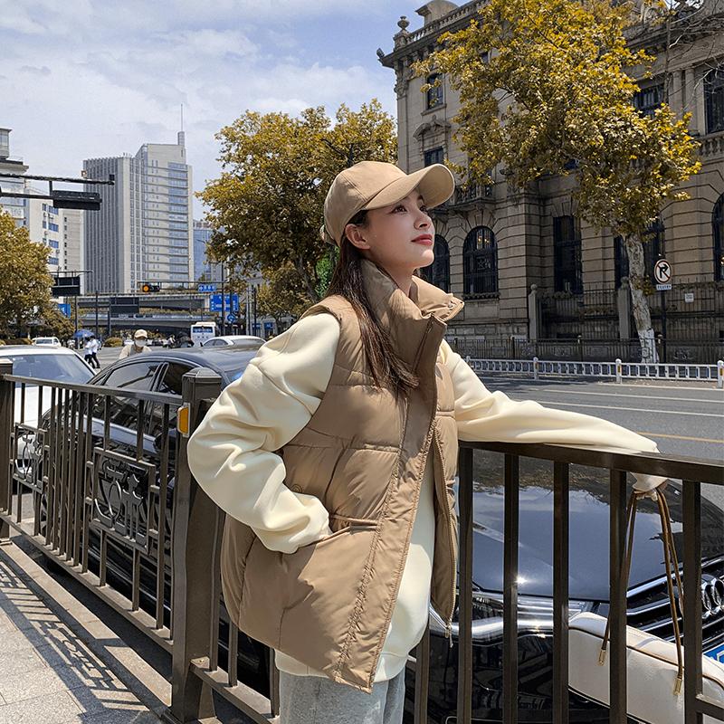 Women Autumn Winter Stand Collar Solid Color Sleeveless Big Pocket Coat Warm Short Cotton Vest