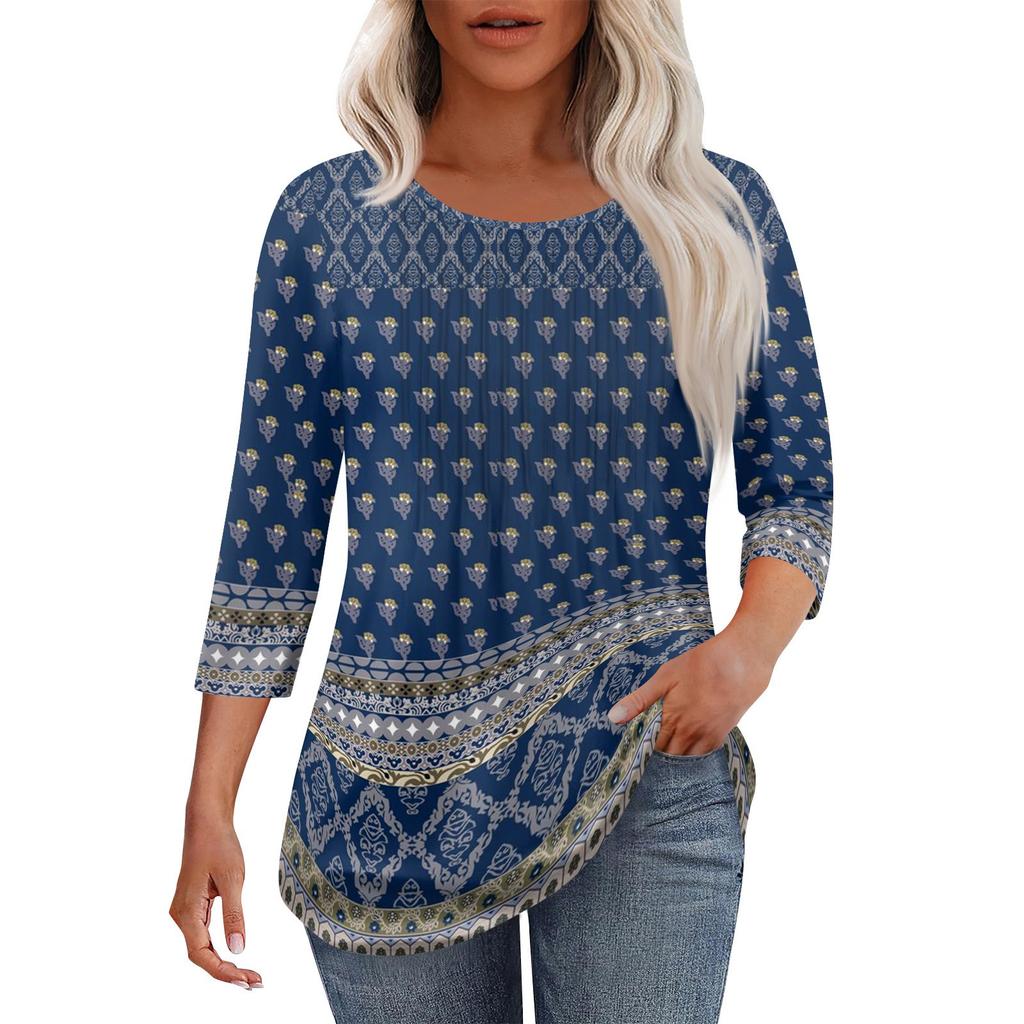 Women's Fashionable Casual Pleated Round Neck Casual Floral Print Seven Quarter Sleeved T-shirt Top