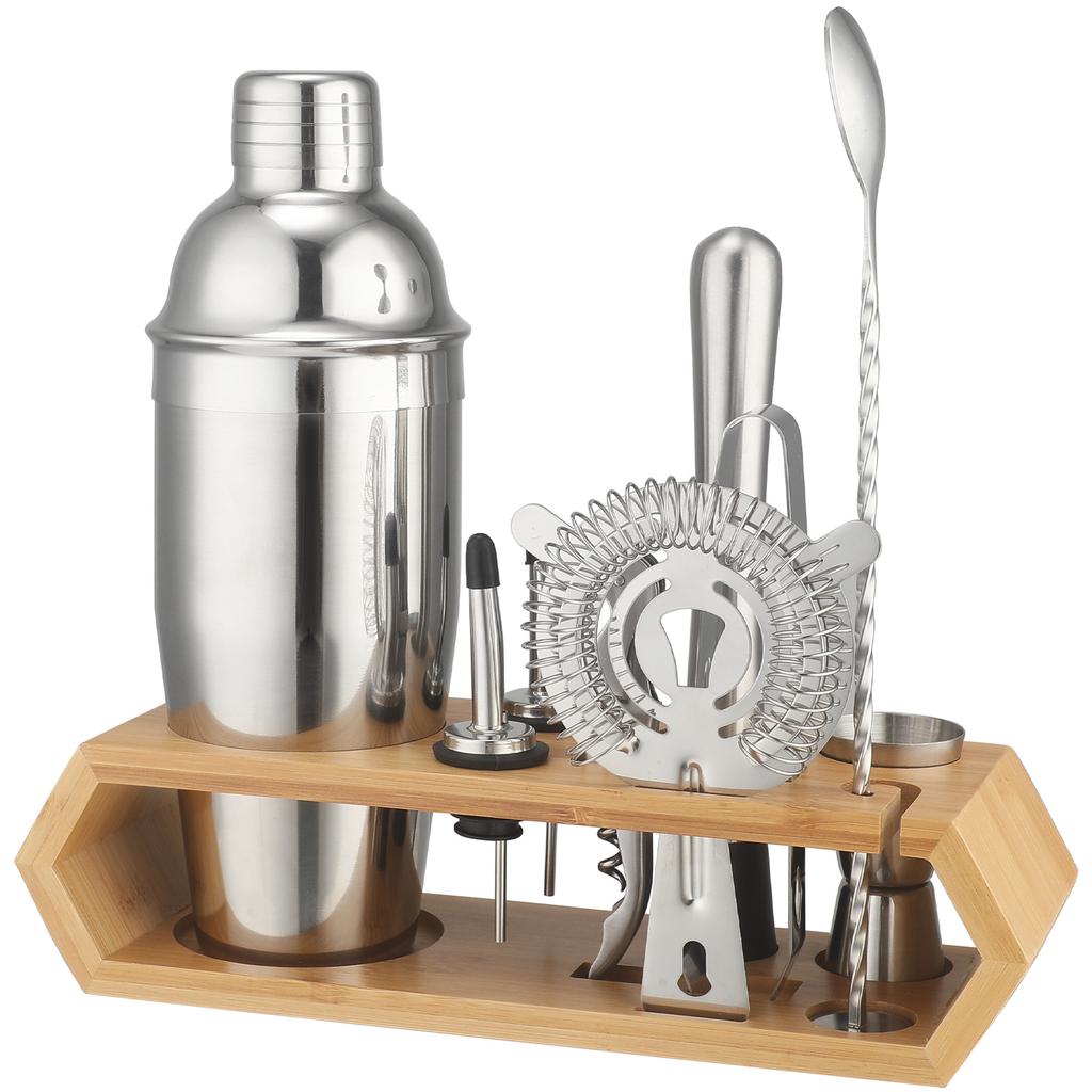 Stainless Steel Rhombus Bamboo Frame Shaker Set Bar Shaker Set 10-Piece Cocktail Shaker Set