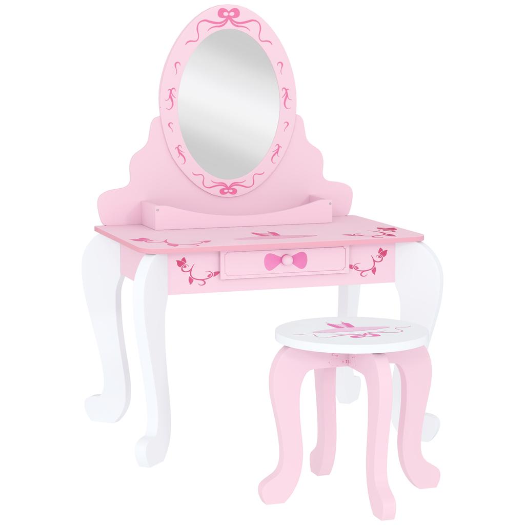 Kids Dressing Table Set Vanity Table With Stool Mirror Drawer Desktop Storage Ballet Theme Pink