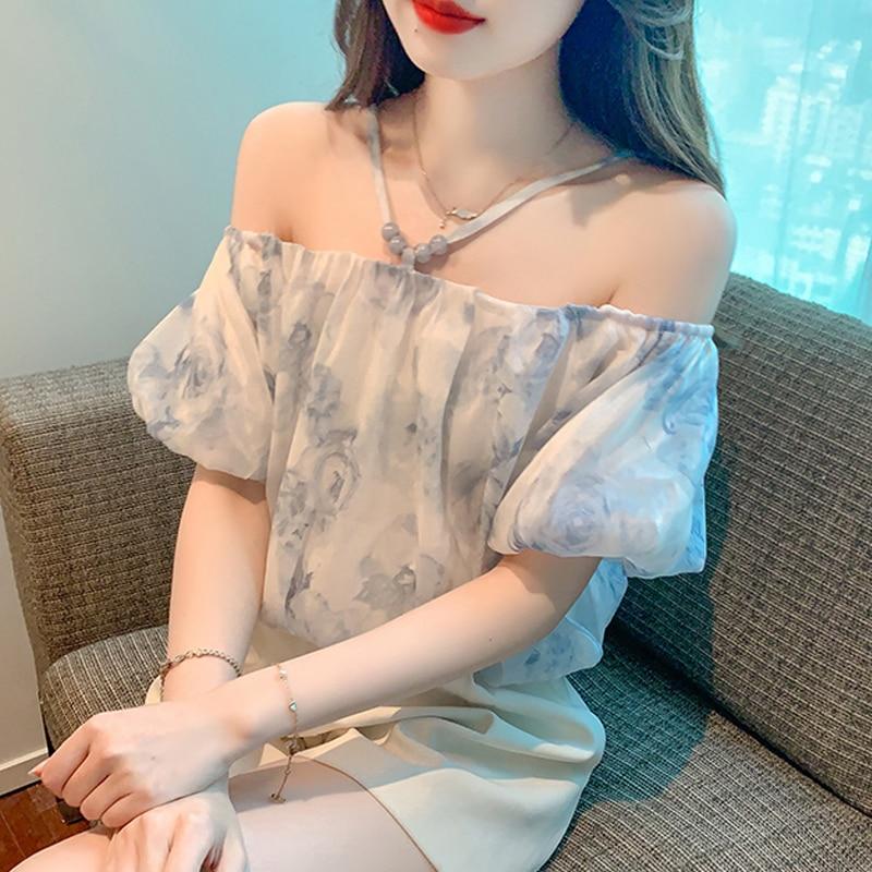 Милая рубашка с открытыми плечами, женские свободные топы, элегантная летняя блузка с короткими рукавами и цветочным принтом, женская новая повседневная одежда 27415
