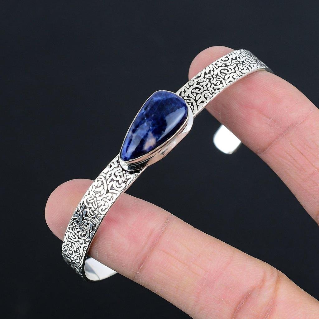 Груша Натуральный Содалит Стерлинговое Серебро Ручной Работы Дочь Новый Браслет-Бэнгл