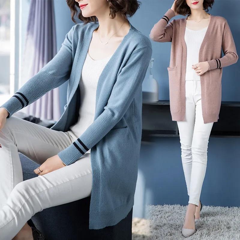 Женский весенне-осенний вязаный кардиган с длинным абзацем, корейская версия верхнего свитера с длинными рукавами, женский однотонный кардиган