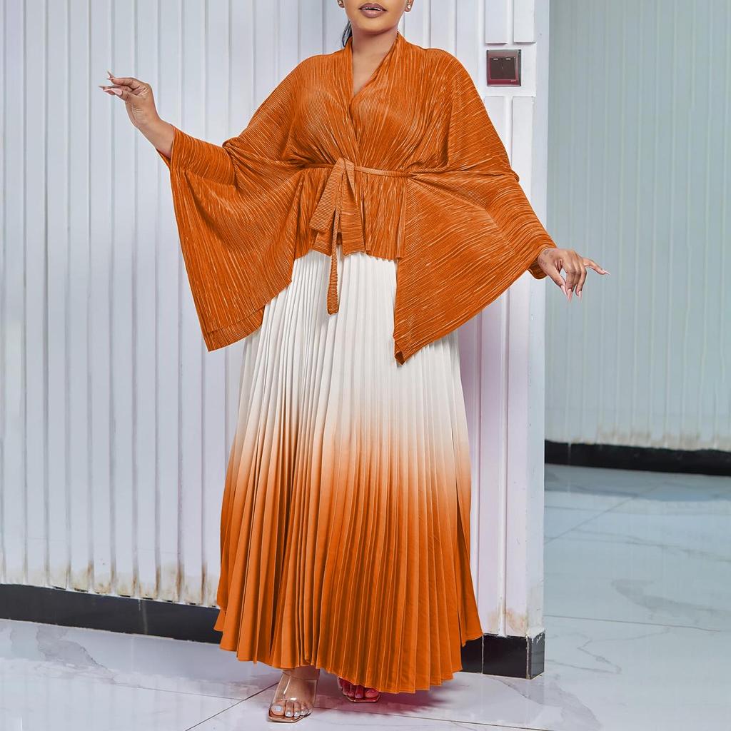 European & American Fashion Pleated Top and Gradient Swing Skirt Two-Piece Set