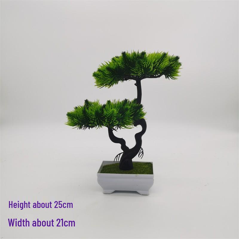 New Chinese Style Potted Pine and Cypress Bonsai Ornament, Artificial Desktop Tree Decor, Double-Layer Plastic Small Pine Plant.