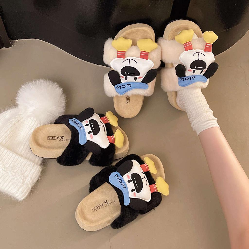 Милые мультяшные пушистые туфли для женской коллекции осень-зима 2025 года, бархатные теплые хлопковые туфли, пушистые туфли на толстой нескользящей подошве