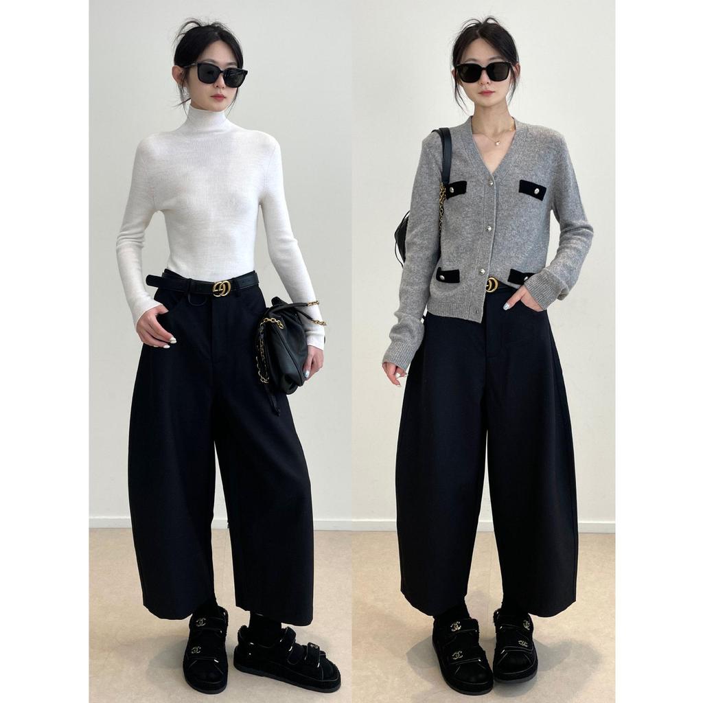 Осенняя мода Нань Юй: Женские брюки с высокой талией, драпированные дугой сабли, длиной до щиколотки