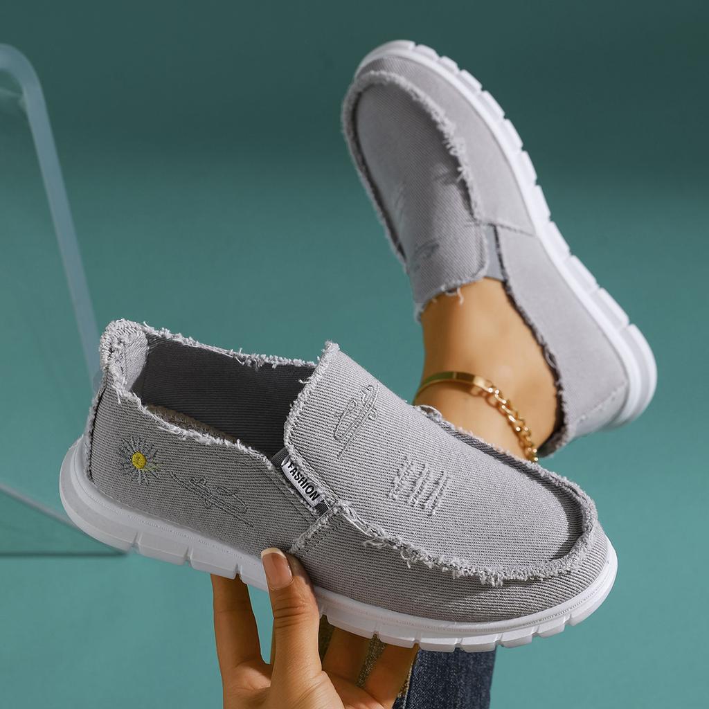 Women'S Casual Low-Top Sneakers with Washed Canvas & Daisy Design