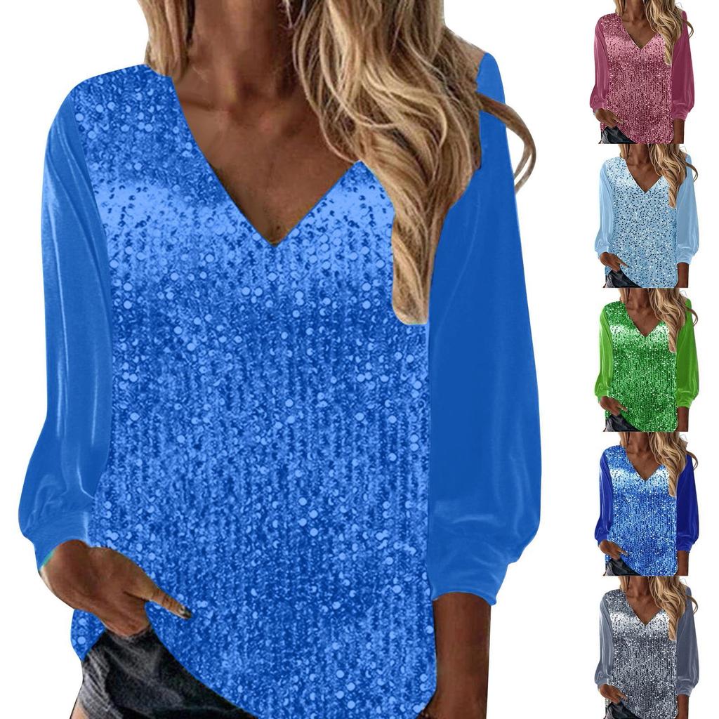 Womens Sequin Tops V Neck Sparkly Glitter Blouses Loose Long Sleeve Holiday Evening Party Shiny Dressy Shirts