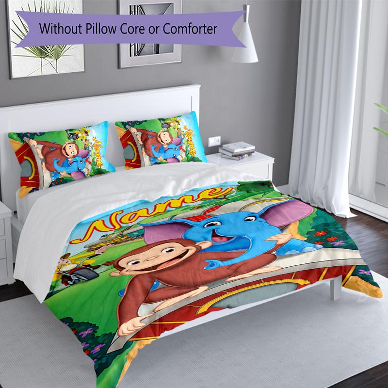 3pcs Custom Name Curious George Set,Includes 1 Duvet Cover and 2 Pillowcases,All-season Bedroom Decor