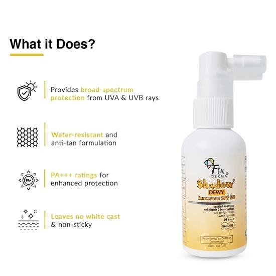 FIXDERMA Shadow Dewy Sunscreen Spf 50 Spray Pa+++, предотвращает загар, содержит витамин C, ниацинамид, солнцезащитный крем и защиту от ультрафиолета - 50 мл - Все