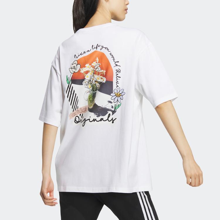 adidas Оригинальные спортивные футболки с цветочным принтом на спине и трилистником, женские топы белого цвета IK8636
