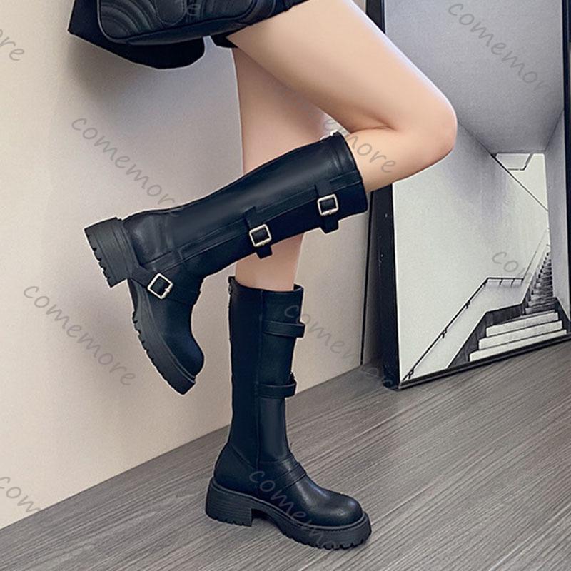 Fashion Comemore Brown Retro Thick-Soled Long Boots for Women Versatile Chunky Heel Retro Autumn Belt Buckle Platform Knee High Boots
