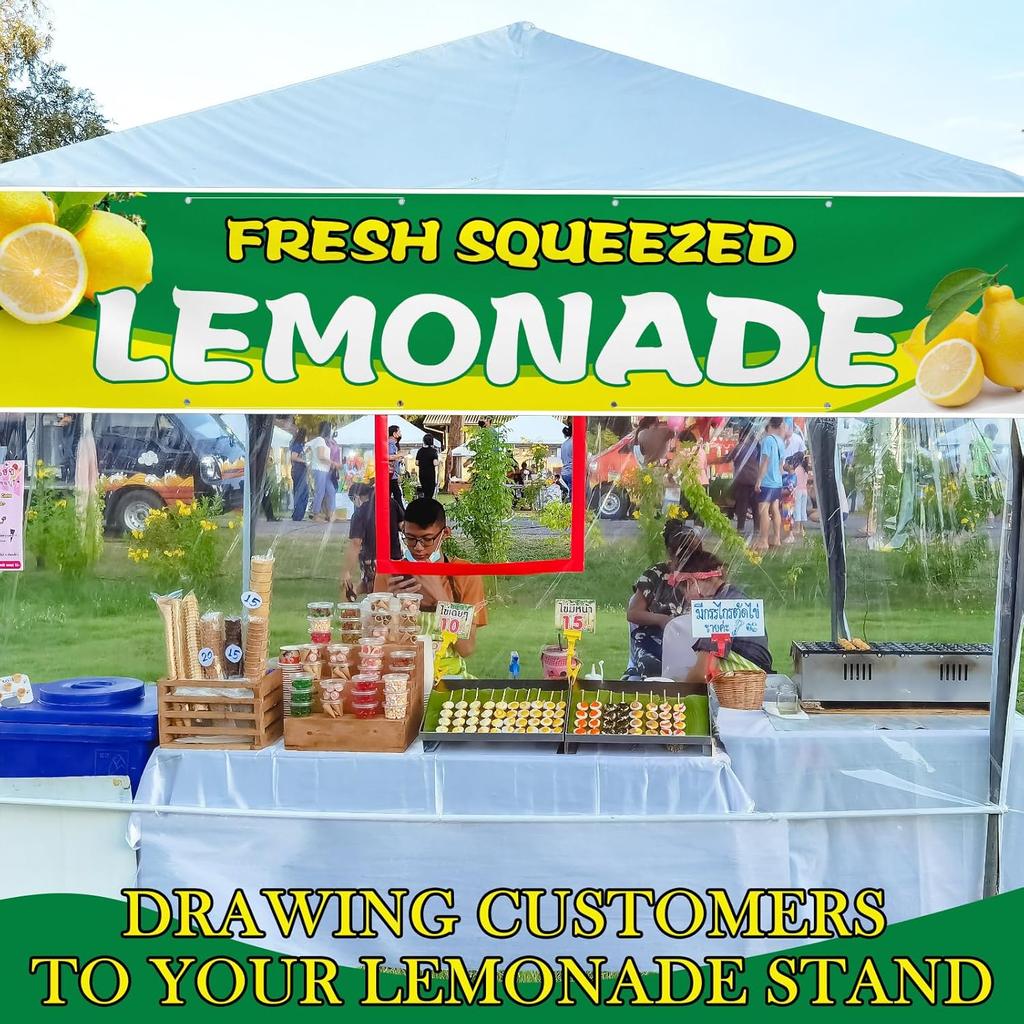 2 x 10 ft Lemonade Sign Vinyl Banner Fresh Squeezed Lemonade Stand Supplies Lemon Flag for Indoor Outdoor Business Restaurant Advertising Banner