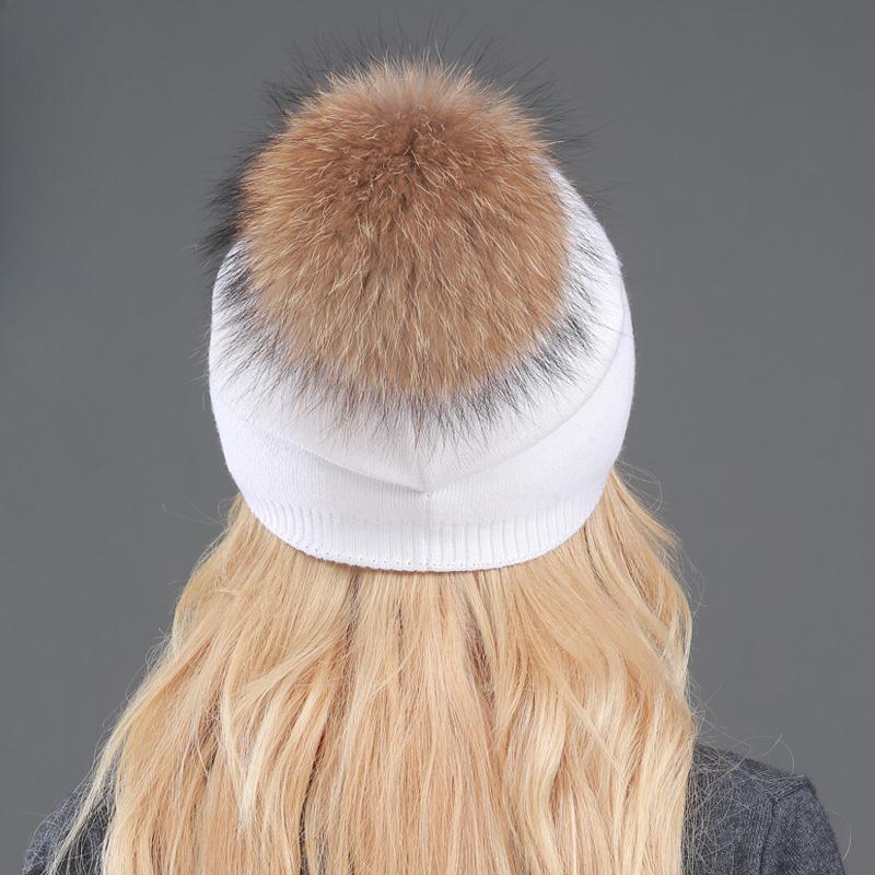Осенне-зимние вязаные шерстяные шапки для женщин, модные шапки с помпоном, меховая шапка, женские теплые шапки с натуральным мехом енота