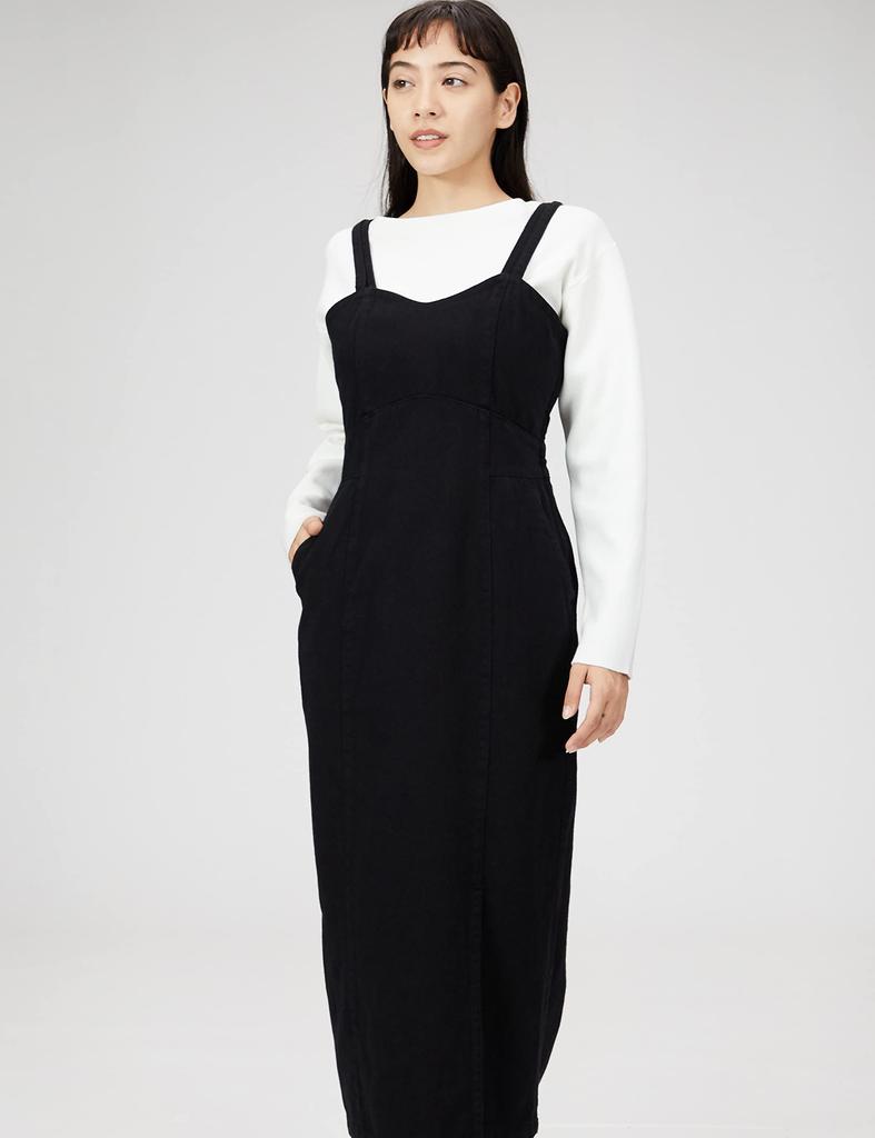 Freeze Mart Women's Casual Dress with Back Ribbon, I-Line Denim Jumper Skirt, Black, Size S