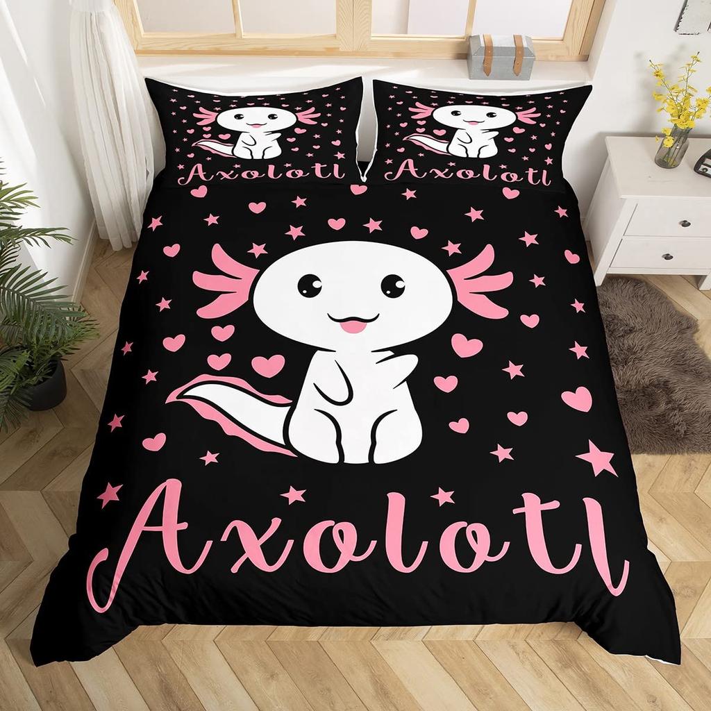 Мультяшный аксолотль Комплект пододеяльника King/Queen Size Детский Для девочек Мальчиков Милый Радужный Морская дикая природа Животное Рептилия Комплект постельного белья