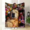 "Golden Retriever Resting in Flowers" Patterned blanket, flannel, suitable for all seasons, home decor, warm and cozy
