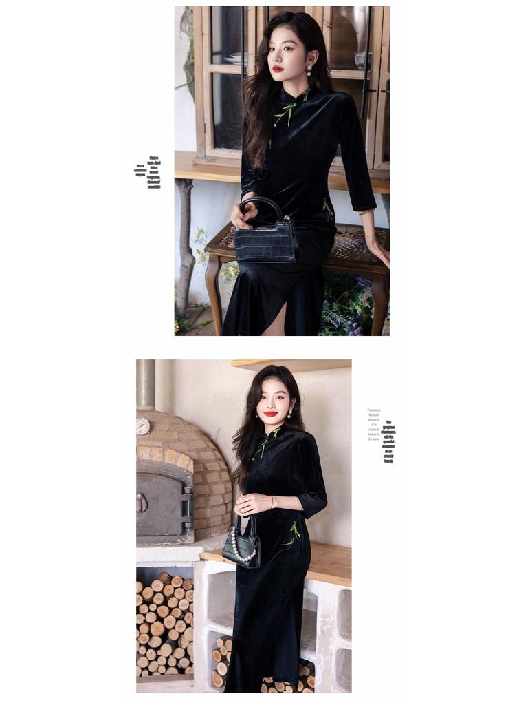 2025 High-End Black Velvet Embroidered Cheongsam for Women - Retro Chinese Style, Perfect for Spring & Autumn Daily Wear