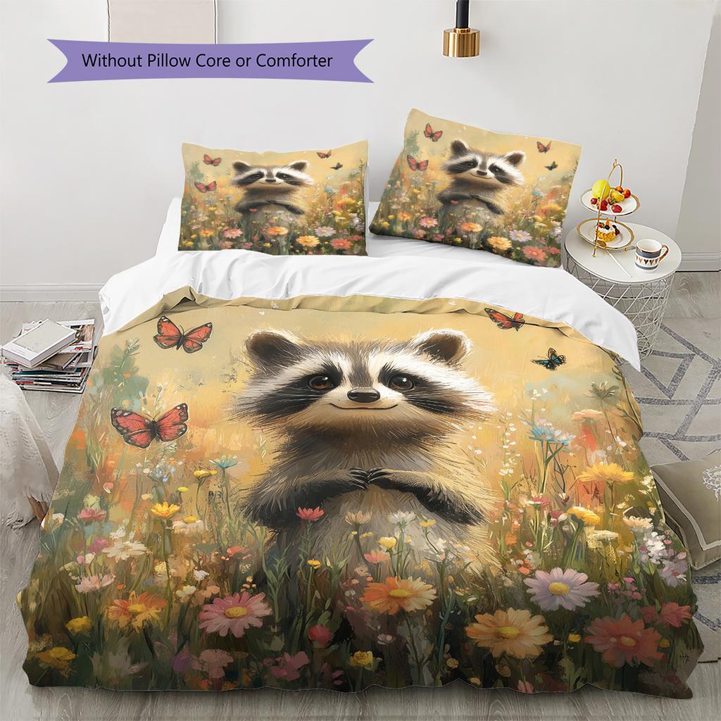 Raccoon and Flowers Pattern Bedding Home Decoration Birthday Gift (1 * duvet cover + 2 * pillowcase, without core)