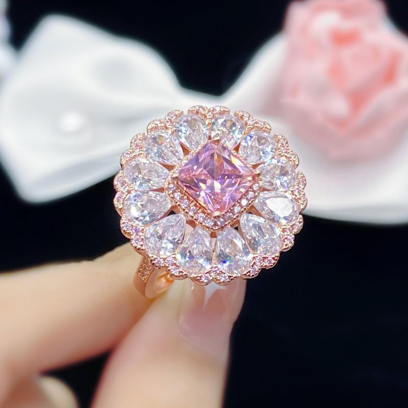 BELLA BOX Delicate Temperament Square Flower Shape Pink Rings For Women Zircon Engagement Party Fine Classic Jewelry Gift