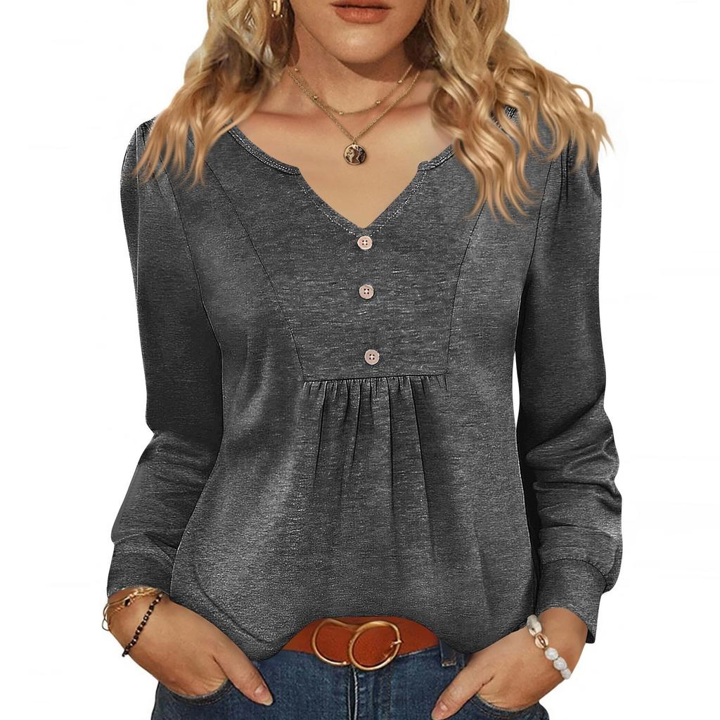 Women's Fashionable Casual V-neck Blouse Button Long-sleeved Pullover T-shirt Top