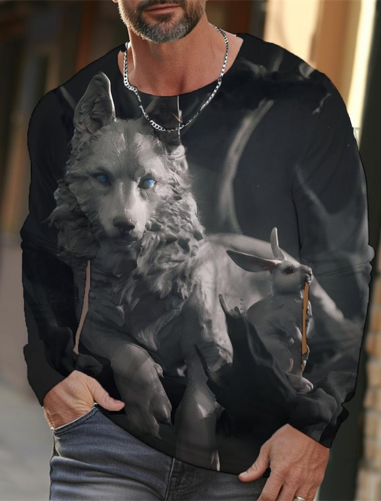 2024 New Men's Long-sleeved T-shirt 3d Printed High-definition Wolf Animal Print Men's Autumn Tops Casual Round Neck T-shirt