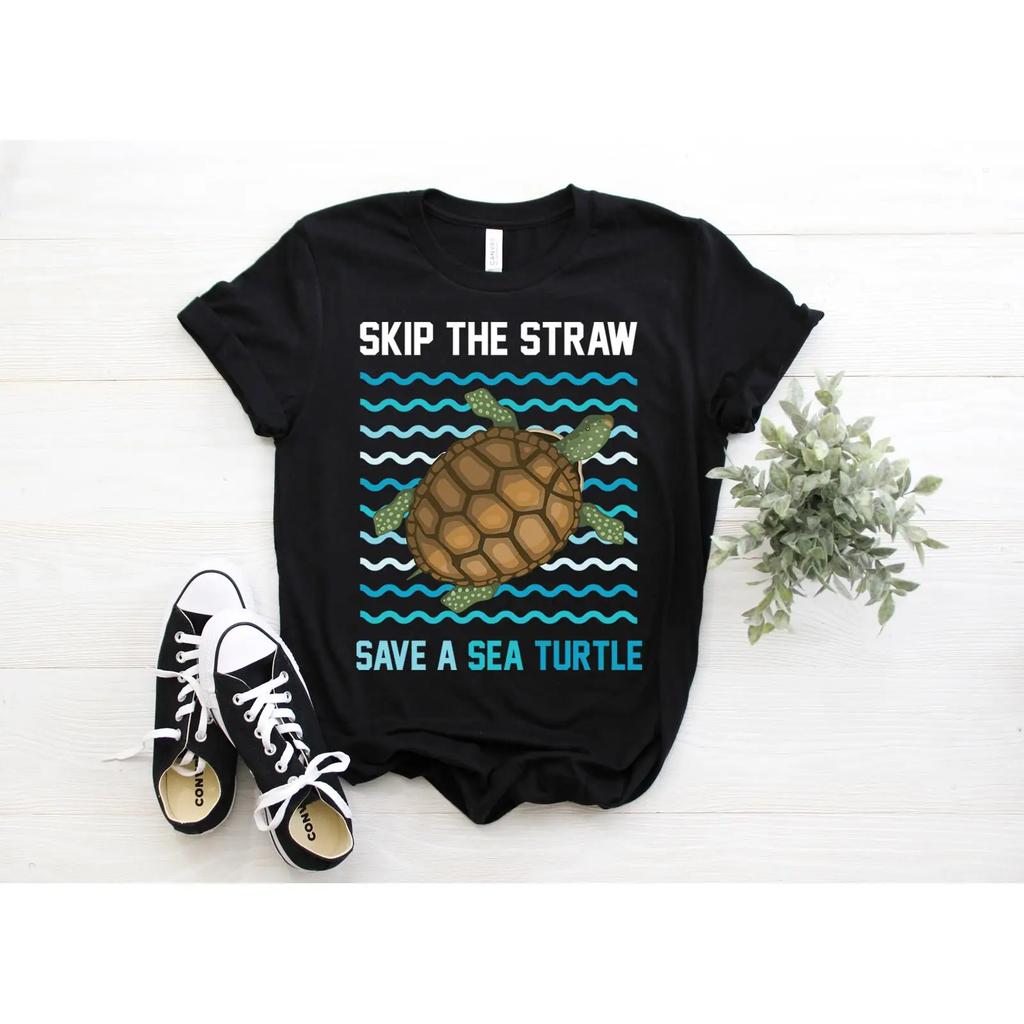 Skip The Straw Save A Sea Turtle T Shirt Ocean EnvironUnisextal Protection Marine Animal Lover s Casual Tops vintage Washed