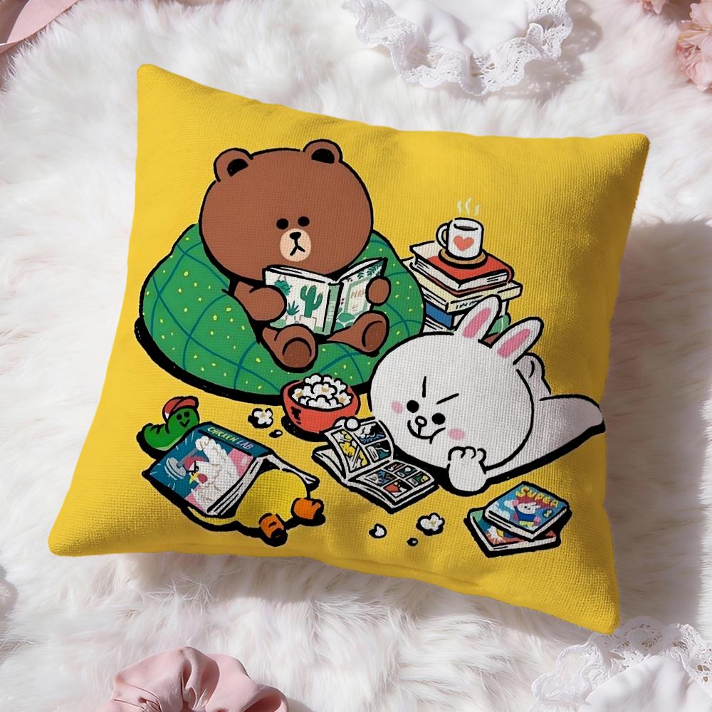 Подушка с персонажами Line Friends (Медвежонок Браун и Кролик Кони) - Премиум-комфорт, двусторонняя наволочка - Дизайн «Два в одном» для любой комнаты и салона автомобиля