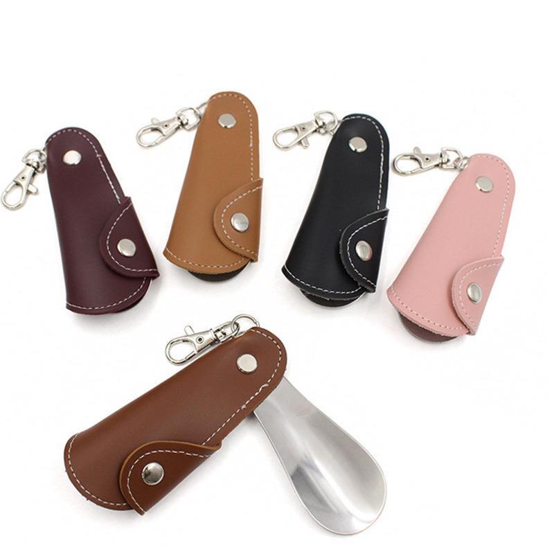Metal & Leather Shoe Horn with Case - Unisex Mini Portable Shoe Puller with Hanging Buckle