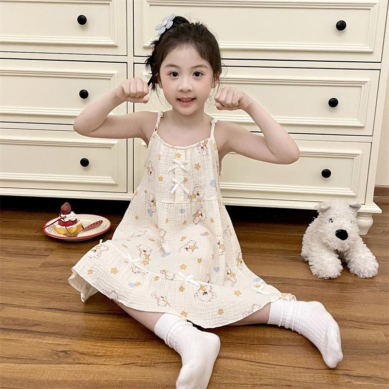 2026 Girls Cotton Gauze Pajama Set Short Sleeve Sleep Dress Cartoon Print Lightweight Home Wear Kids 8