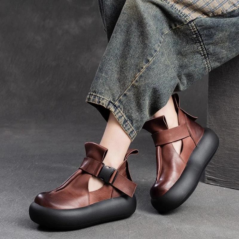 Модная обувь для женщин 2024 года, женские римские сандалии с круглым носком в стиле ретро, высококачественные кожаные сандалии с высоким берцем, повседневные модные кроссовки на платформе