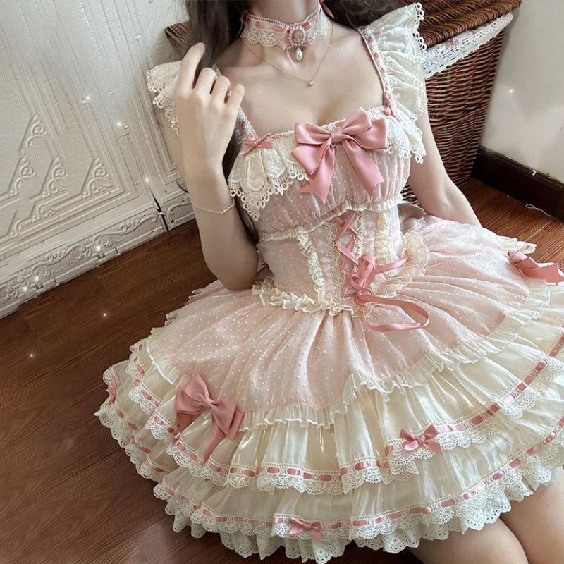 Японское милое платье в сеточку Лолита Jsk для женщин Kawaii кружевные оборки с бантом платья для чаепития Harajuku милая розовая принцесса мини-торт
