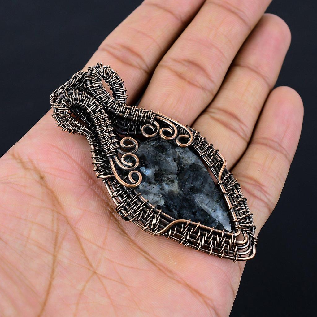 Ларвикит, драгоценный камень, чистая медная проволока, обернутая подвеской ручной работы, ювелирное изделие для нее