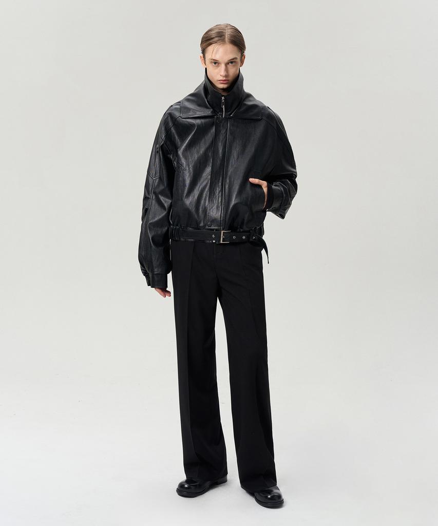 Rerhee Men Double Collar Belted Hem Jacket Black