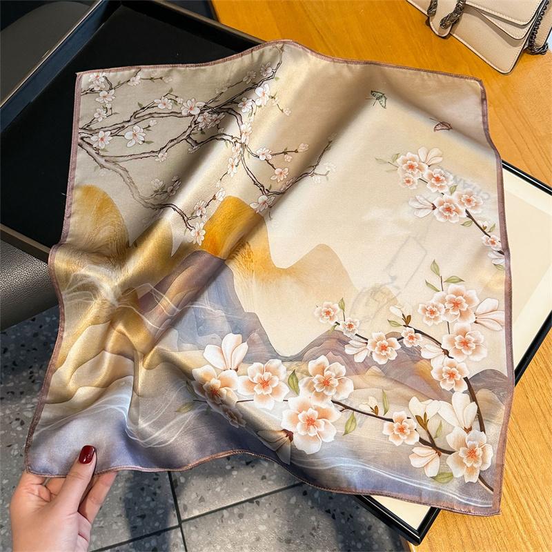 100% Silk Scarf Plum Blossom Pattern Square Scarves for Women Wrap Kerchief Mulberry Silk Bandana Fashion Luxury Headband Hijab