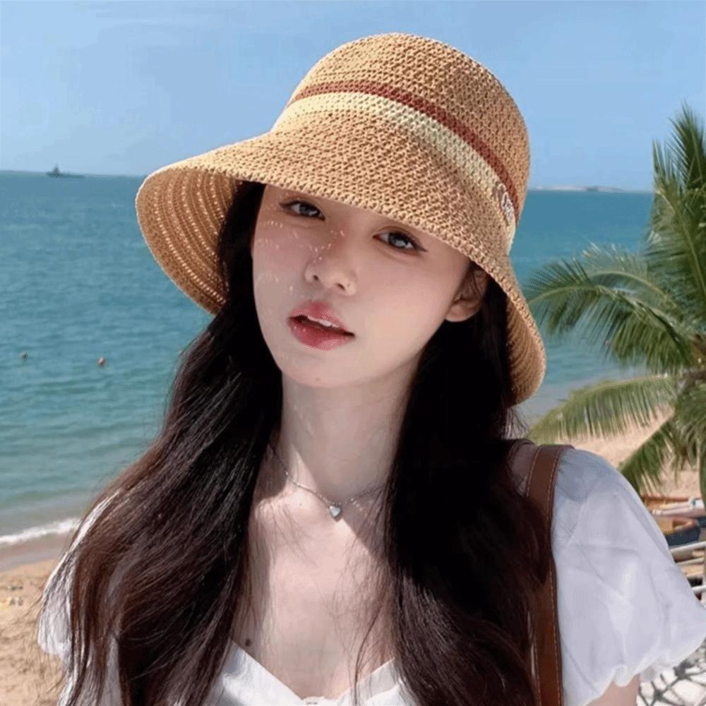 Flat Brim Wide Brim Bucket Hat Contrast Stripes Sun Hat New Hollow Straw Cap Beach Vacation