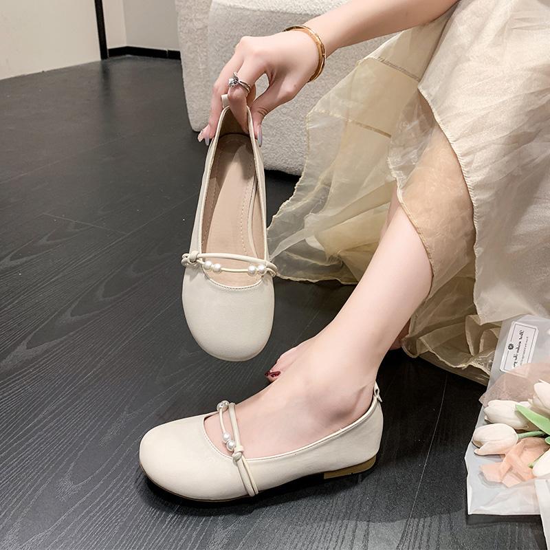 Обувь Doudou для девочек 2025 года, весна и осень, новые неглубокие жемчужины, плоская подошва, универсальные, сказочные, ветреные, тонкие туфли, нежные вечерние туфли