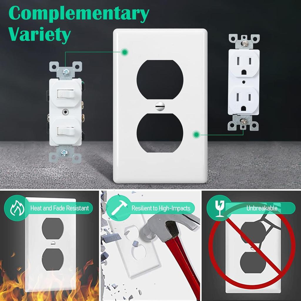 Hoteam 50 Pcs Duplex Wall Plates Kit Electrical Outlet Cover 4.50 x 2.76 Inch Home Standard Size 2 Gang Receptacle Covers Polycarbonate Thermoplastic