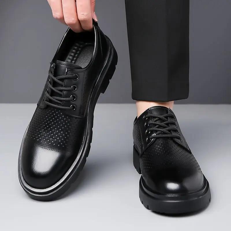 Fashion Hollow Lace-Up Platform Men's Leather Shoes Fashion 2025 in Promotion Retro Social Common Elegant Trend Pu New Male Casual Shoe