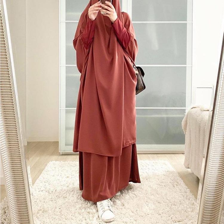Women Muslim Ramadan Dresses Loose Bat Sleeve Cardigan Solid Color Headgear Mosque Robes