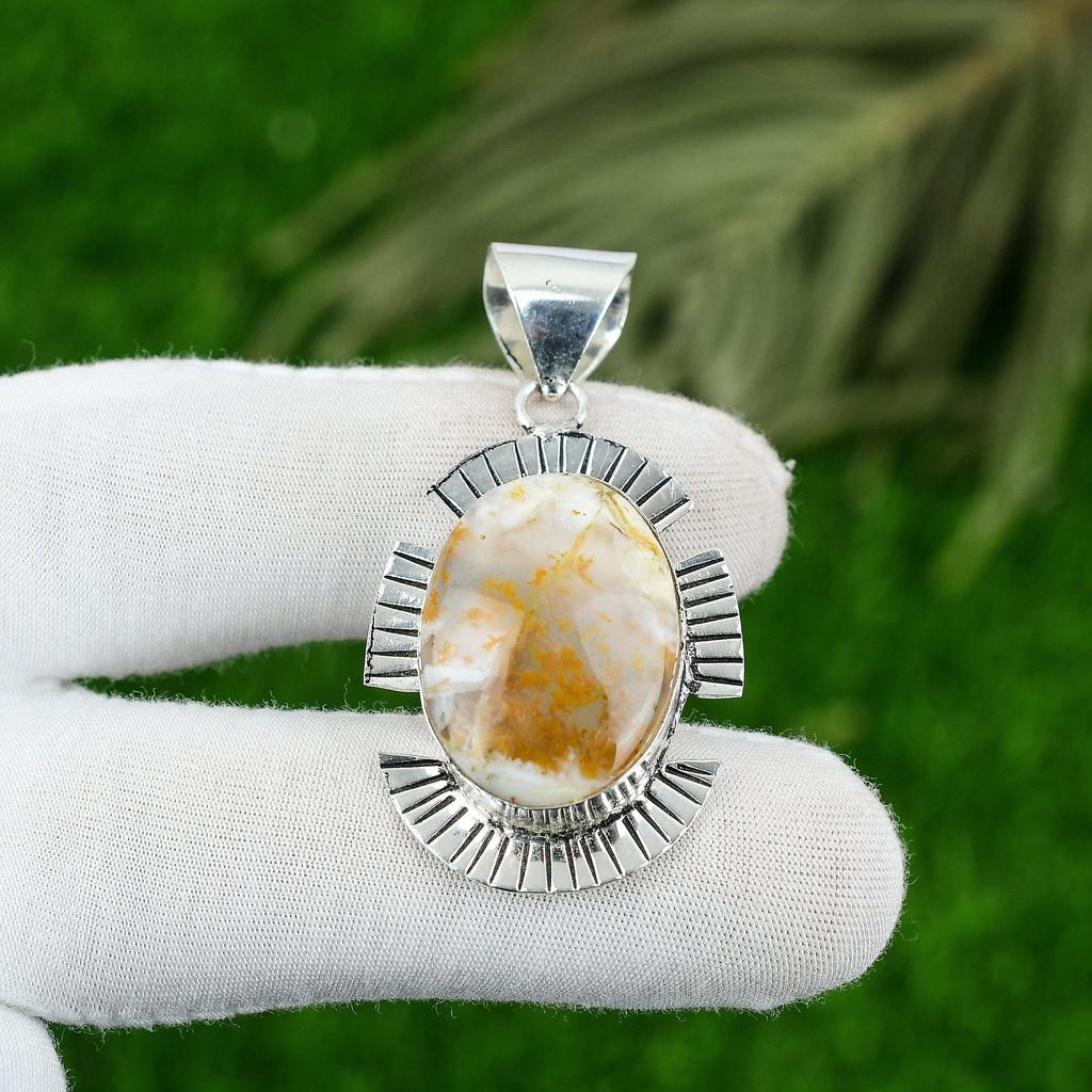 Sterling Silver Oval Plume Agate Gemstone Bezel Unique Daughter Birthday Pendant