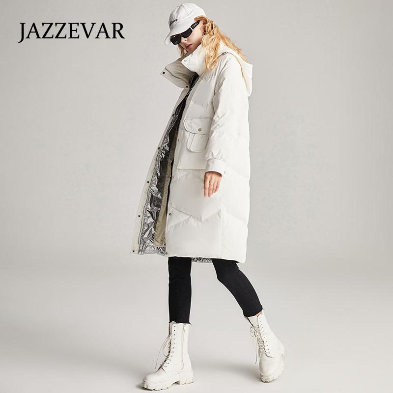 JAZZEVAR Женская шапка с воротником-стойкой, съемный пуховик, зимняя утолщенная свободная куртка средней длины и длины