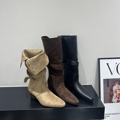 Ботильоны на высоком каблуке с острым носком, коричневые рыцарские ботинки, женские замшевые ботинки, высокие сапоги, среднее голенище, 2025 осень-зима, высокие сапоги, облегающие