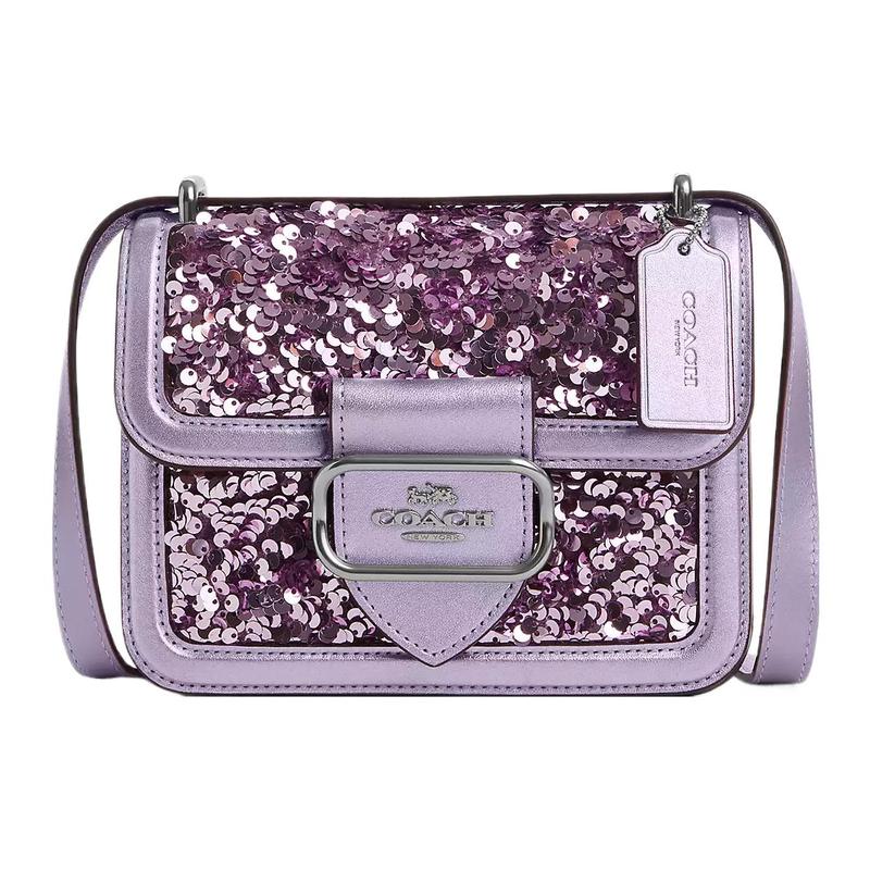 COACH Morgan 18 Solid Sequin Snap Carriage Logo Flap Smooth Leather and Refined Calfskin Small Square Bag Shoulder Crossbody Bag Small Women's Lilac