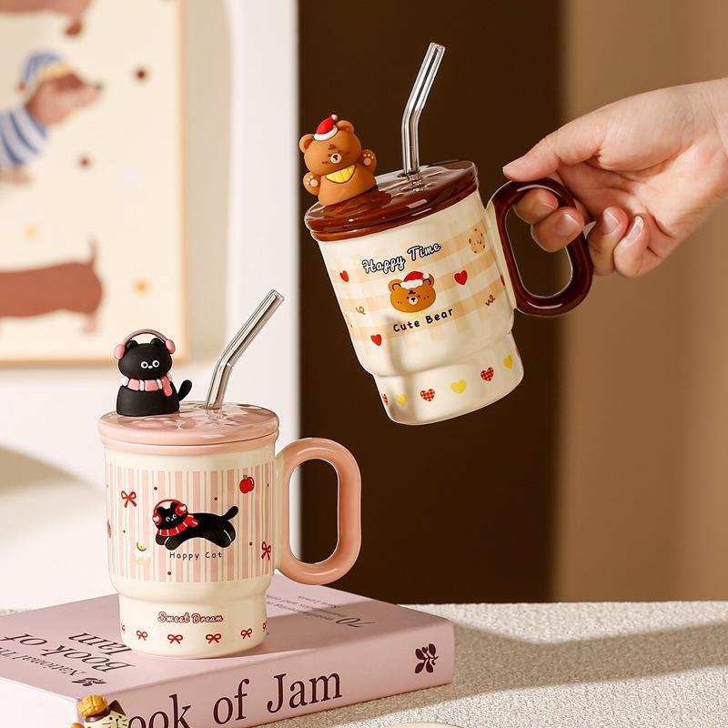 Cartoon Cat Mug With Lid And Straw High Value Household Ceramic Cup Girls Birthday Gift Water Cup