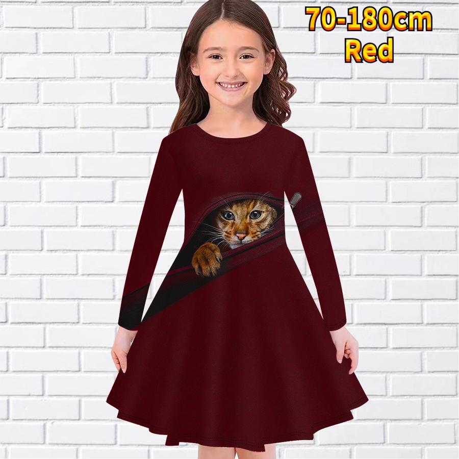 Повседневное платье для девочки на молнии с принтом кота и круглым вырезом, длинными рукавами, детское платье принцессы
