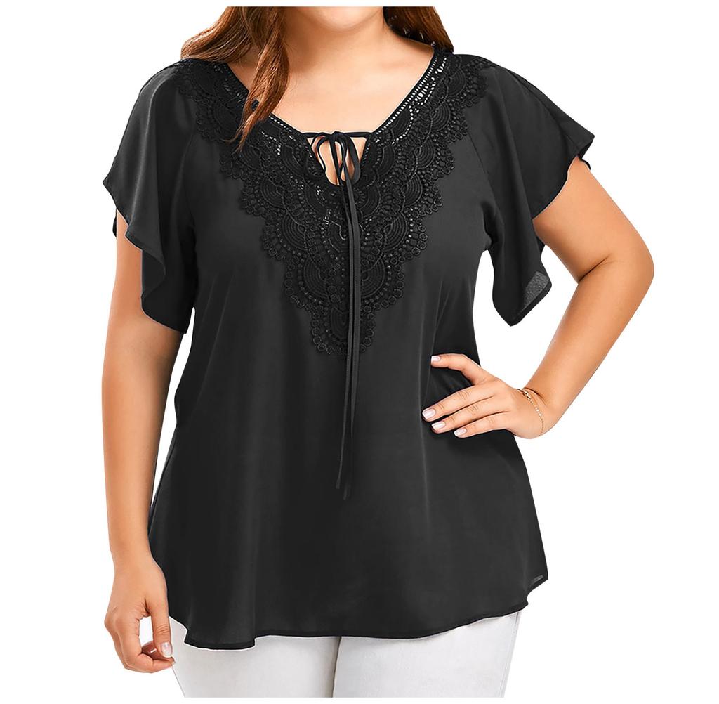 Women Fashion Plus Size Lace T-Shirt Blouse  Short Sleeve Tops