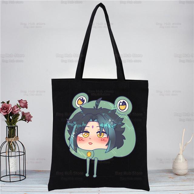 Genshin Impact Xiao аниме-игровые сумки, тканевая холщовая большая сумка, черная сумка для покупок, путешествий, женские эко-многоразовые сумки на плечо для покупок