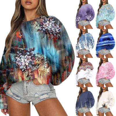 Женская повседневная мода ретро цветочный принт длинный рукав трикотажный спортивный топ свободного кроя